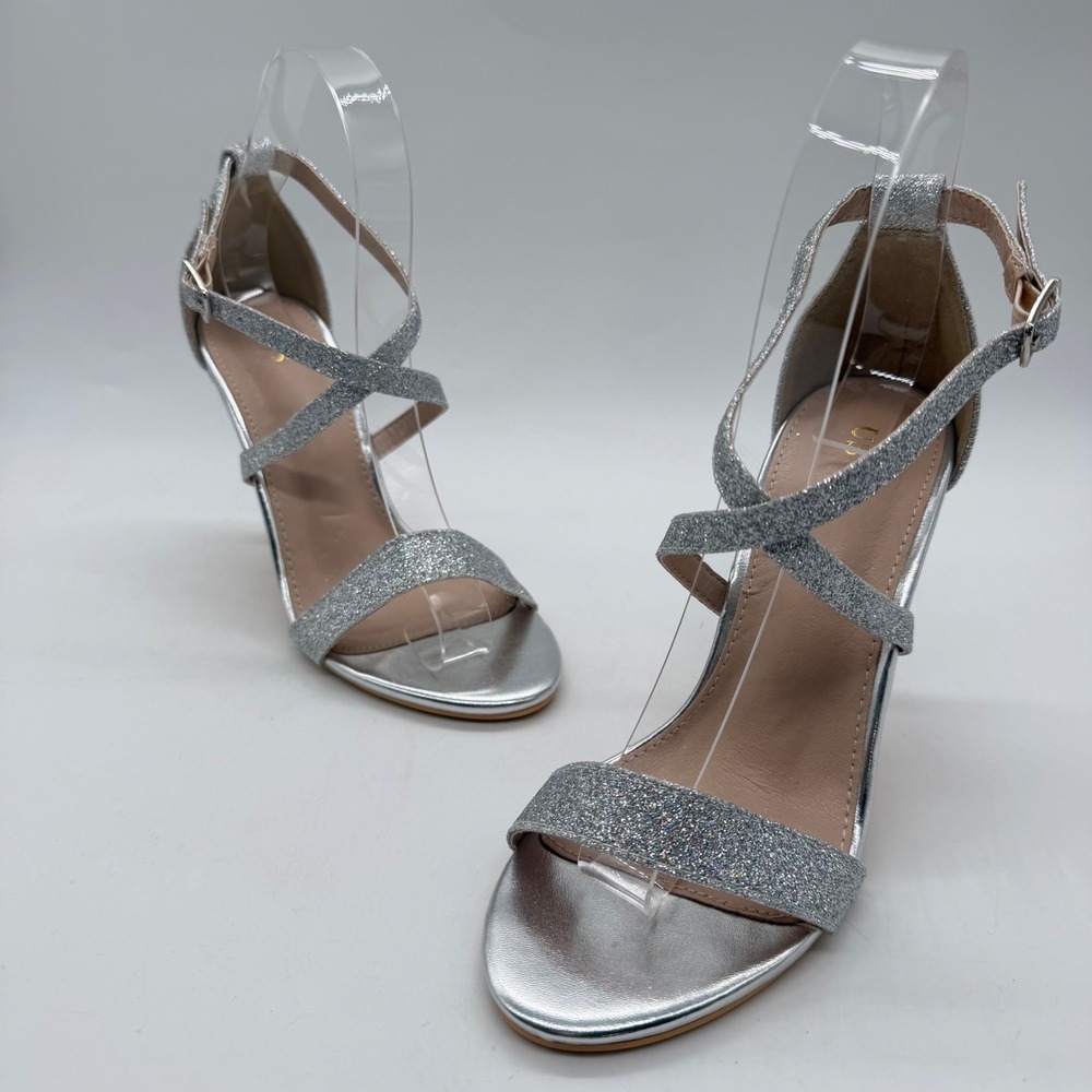 Women Silver Glitter Strappy Stiletto Sandals Open Toe Ankle Strap Size 5